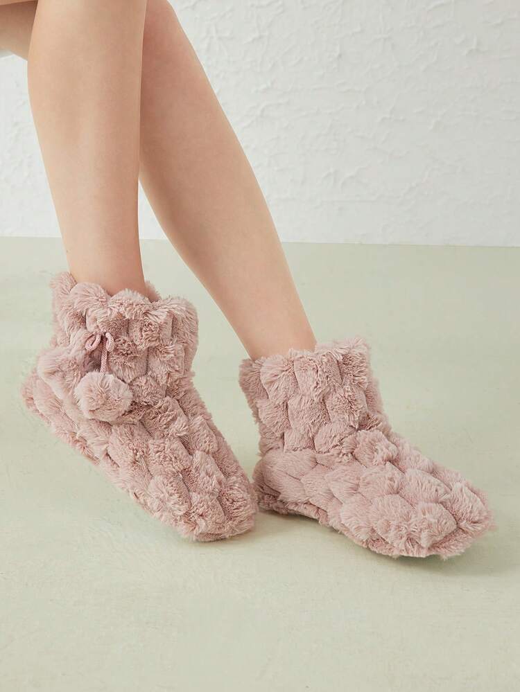 Women's Fashionable Warm Winter Pink Furry Home Slipper Boots With Pom-Pom Decoration Vacation Shoes Summer