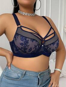 SHEIN 1pc Plus Size Lace Contrast Mesh Underwire Bra - Navy Blue - View 4