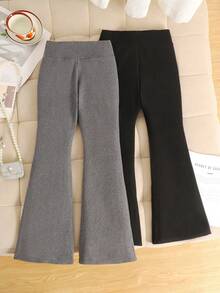 SHEIN 2条装少女保暖加厚修身喇叭裤，黑色和深灰色，柔软舒适，洛杉矶图案和标语印花，休闲百搭打底裤，保暖柔软打底裤套装，女士冬季保暖加厚打底裤，喇叭裤型