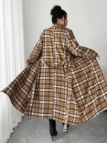 Elenzga 大码女式休闲复古格子翻领双排扣长袖长外套，适合日常穿着，秋冬季 - 彩色 - 查看 6