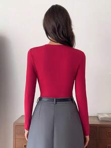 Elyressa Women's Elegant Wine Red French Twist Metal Button Long Sleeve Pleated Waist T-Shirt,Casual Autumn T-Shirt For Party,Daily Wear,Holiday,Christmas - Red - View 2