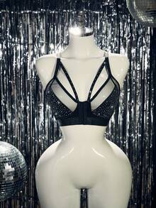 MidnightGlam 1pc Plus Size Front Closure Wireless Milk Silk Rhinestone Embellished Bra