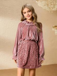 2pcs Girls Pink Velvet Top & Fitted Skirt Set, Sequin Design Suitable For Party, Prom, Graduation, Birthday, Christmas - Pink - View 6
