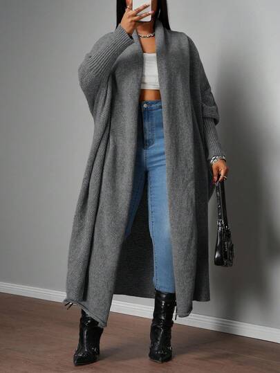 Slaydiva 2025新款秋冬大码女装学院风/商务休闲风/西式开衫/OL装/街头夜店风/都市度假/毕业典礼/精致优雅/派对/独立日/休闲基础款户外社交宽松灰色蝙蝠袖斗篷式中长针织开衫毛衣，时尚百搭