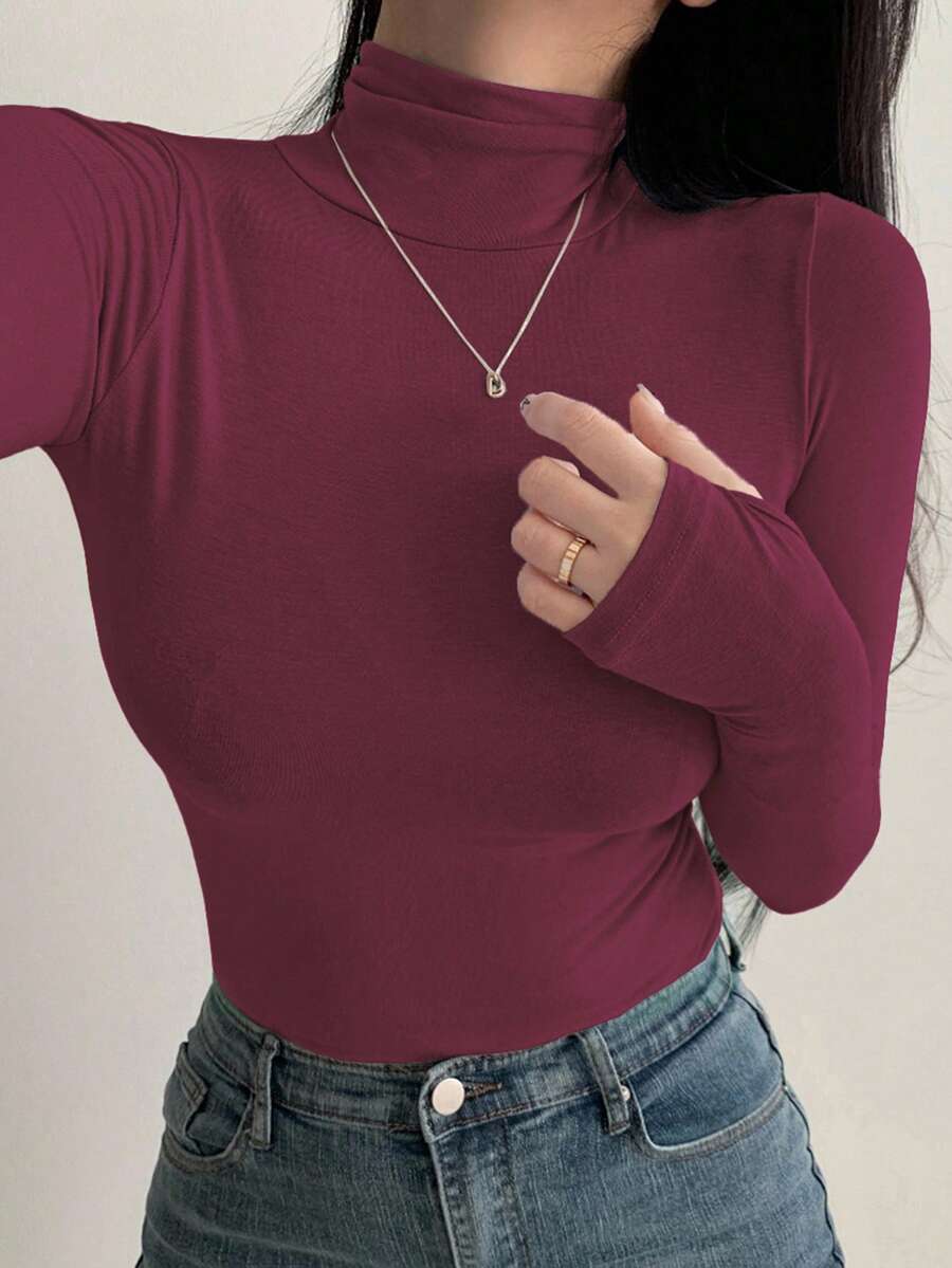 DAZY Kaos Dalam Wanita Lengan Panjang Kerah Tinggi, Hitam, Musim Semi/Panas/Gugur - Red Violet - View 1