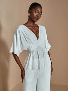 JIAN LASALA V领蝙蝠袖喇叭下摆亚麻混纺纯色女式上衣，秋季优雅休闲度假奢华时尚服装系列，白色 - 白色 - 查看 3