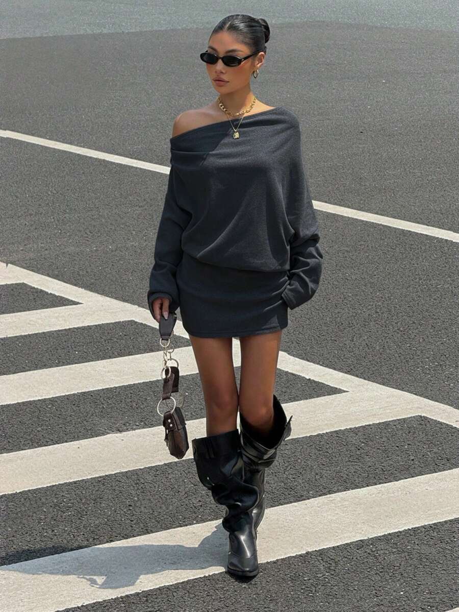 Muchica 女式秋季新款深灰色羊毛斜领长袖紧身连衣裙