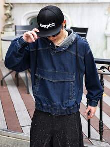 ROMWE MEN Street Life 男士休闲抽绳连帽牛仔夹克，秋季 - 藍色 - 查看 5