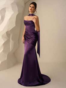 Coutiva Váy dạ hội trang trọng xếp ly màu trơn thanh lịch dành cho nữ (được trang trí nhiều chi tiết) - Màu tím - Xem 6