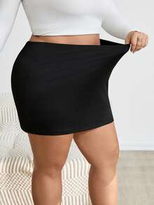 SHEIN CURVE+ 大码女式纯色基本款黑色性感休闲迷你紧身裙（含紧身裤） - 黑色 - 查看 7