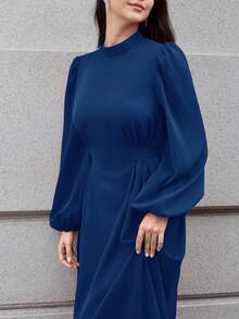 Modelyn 女士纯色灯笼优雅长款系带连衣裙 - 藏蓝色 - 查看 6