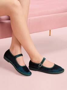 CUCCOO DOLLMOD 女士深绿色时尚优雅丝绒经典舒适玛丽珍平底鞋，春季鞋履 - 墨綠色 - 查看 6