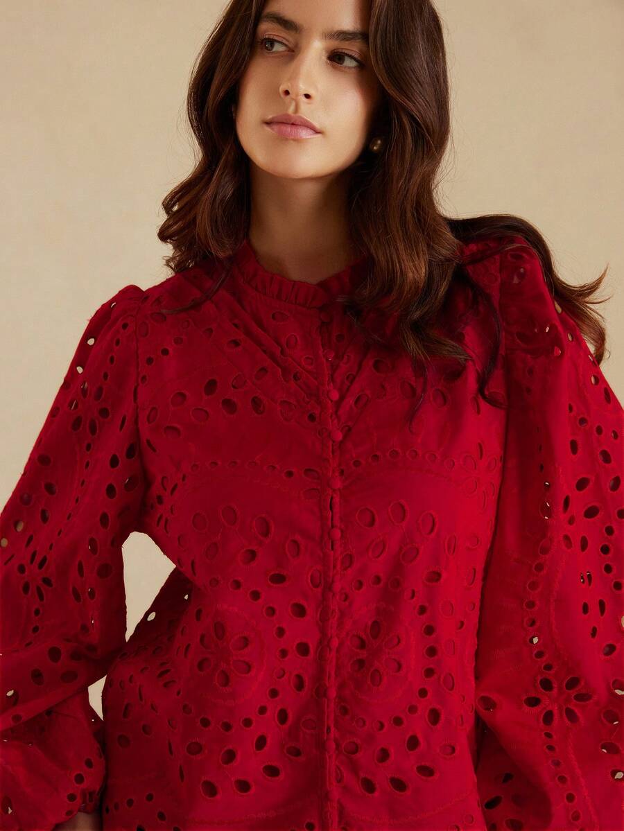 Aveloria Rosie 新款秋季法式休闲奢华刺绣镂空百褶前长袖衬衫 - 紅色 - 查看 1