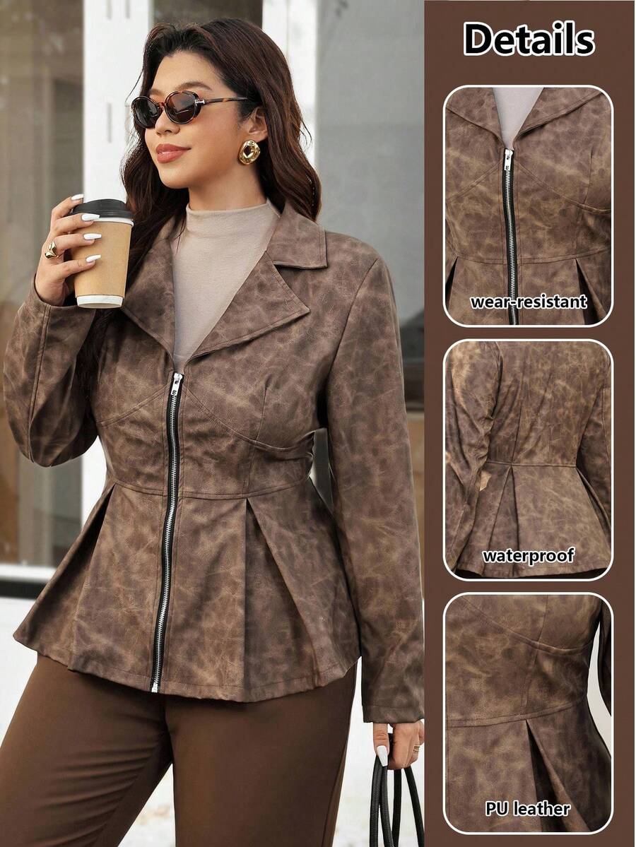 Vionelle Plus Size Women's French Style Casual V-Neck Long Sleeve Faux Leather Jacket, Autumn/Winter - Brown - View 1