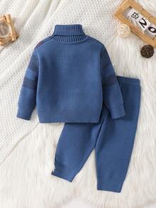 SHEIN 2pcs/Set Baby Boy/Girl Casual High Neck Plaid Sweater And Jogger Pants Set, Suitable For Autumn/Winter Wear - Dusty Blue - View 2