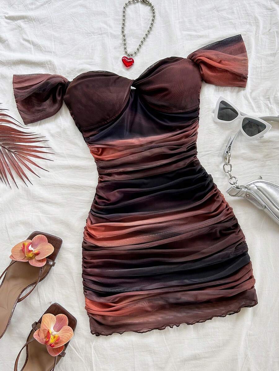Soleia Đầm bodycon hở vai lưới đan cho nữ, trang phục đi nghỉ - màu nâu - Xem 1