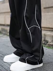 Manfinity Roghcode 男士休闲畅销新款裤子，INS高街嘻哈风格，白色抽绳，黑色面料，适合所有季节和日常搭配，送给男朋友/老公的必备礼物，男士休闲装，Y2K - 黑色 - 查看 8
