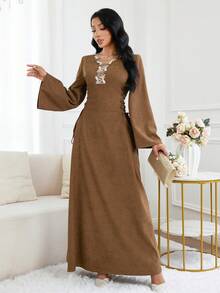 Al Najma 女士蕾丝拼布V领优雅长袖土耳其和阿拉伯传统长裙 - 棕色 - 查看 5