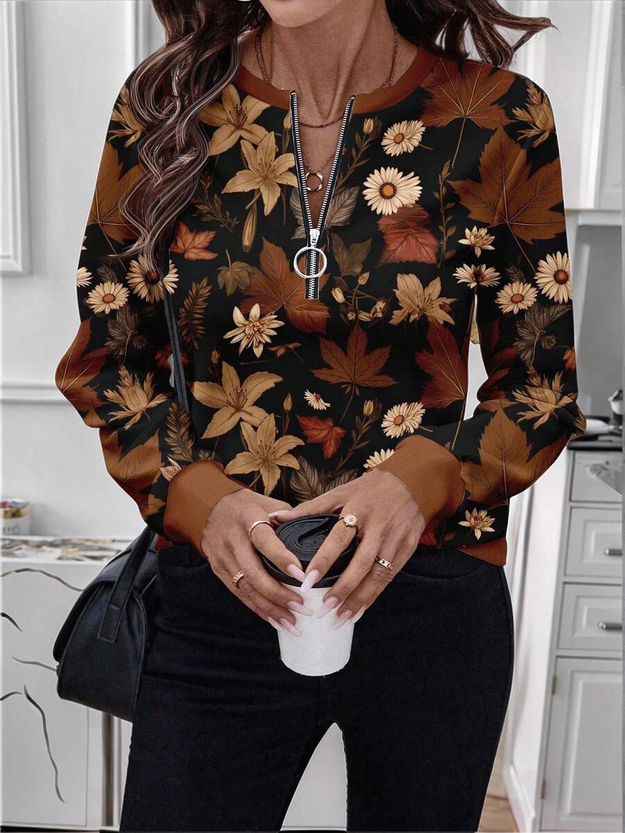 EMERY ROSE Áo nỉ cổ tròn in họa tiết cây cối phía trước có khóa kéo nửa thân dành cho nữ mùa thu đông - trắng - Xem 1