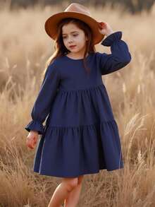 SHEIN Young Girl Solid Round Neck Puff Sleeve Fitted Casual Cake A-Line Dress,Autumn Winter - Navy Blue - View 3