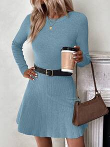 SHEIN LUNE Solid Color Round Neck Casual Fitted Long Sleeve Sweater Dress - Dusty Blue - View 3