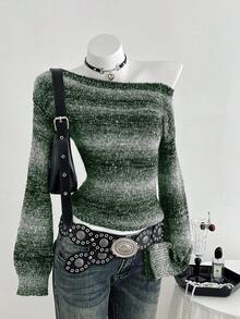 Elamini Áo len dài tay hở vai ombre thời trang cho nữ, thích hợp cho kỳ nghỉ - Màu xanh lá cây đậm - Xem 1