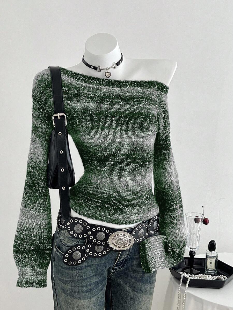 Elamini Áo len dài tay hở vai ombre thời trang cho nữ, thích hợp cho kỳ nghỉ - Màu xanh lá cây đậm - Xem 1