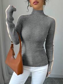 Islaluna Jersey de cuello alto de punto acanalado de ajuste ceñido de color contrastante minimalista de manga larga