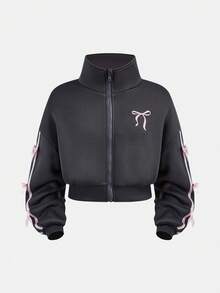 SHEIN 少女字母刺绣套头拉链卫衣和休闲裤两件套 - 深灰色 - 查看 11