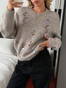 DAZY Sequin Embellished Oversized Sweater For Women, High-End Loose Casual Knit Pullover, Autumn/Winter - Khaki - View 3