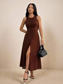 SHEIN PETITE Elegant Solid Color Front Button Sleeveless Dress, Summer,Thanksgiving Outfit For Women,Brown Skirt,Luxury Evening Dress For Women,Elegant Dresses For Ladies