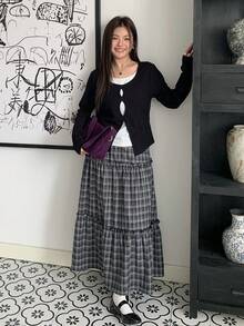 Dazy Plus 拼色波点二合一圆领休闲长袖大码女式T恤，春秋装 - 黑色 - 查看 8