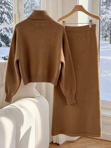 Airaco Conjunto de 2 peças feminino casual para o dia a dia, cor sólida, simples, gola alta, ombros caídos, suéter solto e saia de suéter, outono/inverno