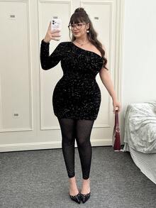 SHEIN Tall CURVE Quần legging lưới hình thoi phối nhiều mảnh dành cho nữ cỡ lớn, thích hợp mặc hàng ngày, quần lưới xuyên thấu, quần legging xuyên thấu, quần bó, quà tặng Valentine cho nữ, trang phục lễ hội cho nữ, dự tiệc, quần bóng bẩy. - màu đen - Xem 5