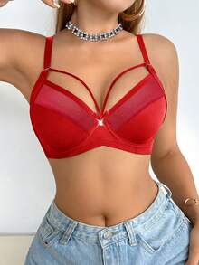 SHEIN 1pc Women's Christmas Bra With Underwire - Red - View 5