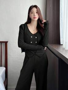 DAZY 女士优雅撞色针织上衣和阔腿裤两件套，秋季女士休闲套装 - 黑色 - 查看 3