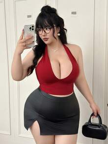 CovetEZ Plus Size Sexy Solid Color Halter Backless Camisole Top, Summer - Red - View 5