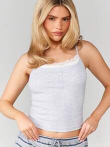 MISSGUIDED 蕾丝边罗纹背心，可调节肩带，休闲无袖吊带背心 - 灰色 - 查看 1