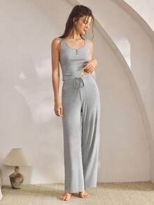 Ocili Comfortable Minimalist Sleeveless Pants Shell Button Pajama Set, Baby Pink Women Loungewear - Grey - View 5