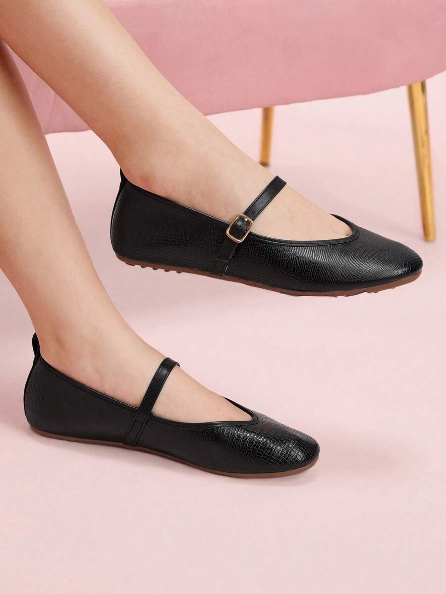 CUCCOO DOLLMOD 2025 Autumn New Women's Casual Black Lizard Pattern Round Toe Mary Jane Flats With Comfortable Soft Thick Memory Foam Arch Support Insole - Black - View 1