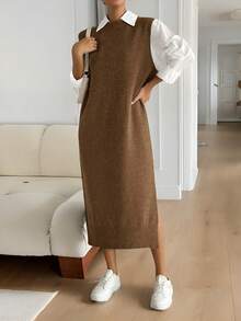 SHEIN LUNE Women's All-Match Versatile Commuter Long Dress - Coffee Brown - View 7