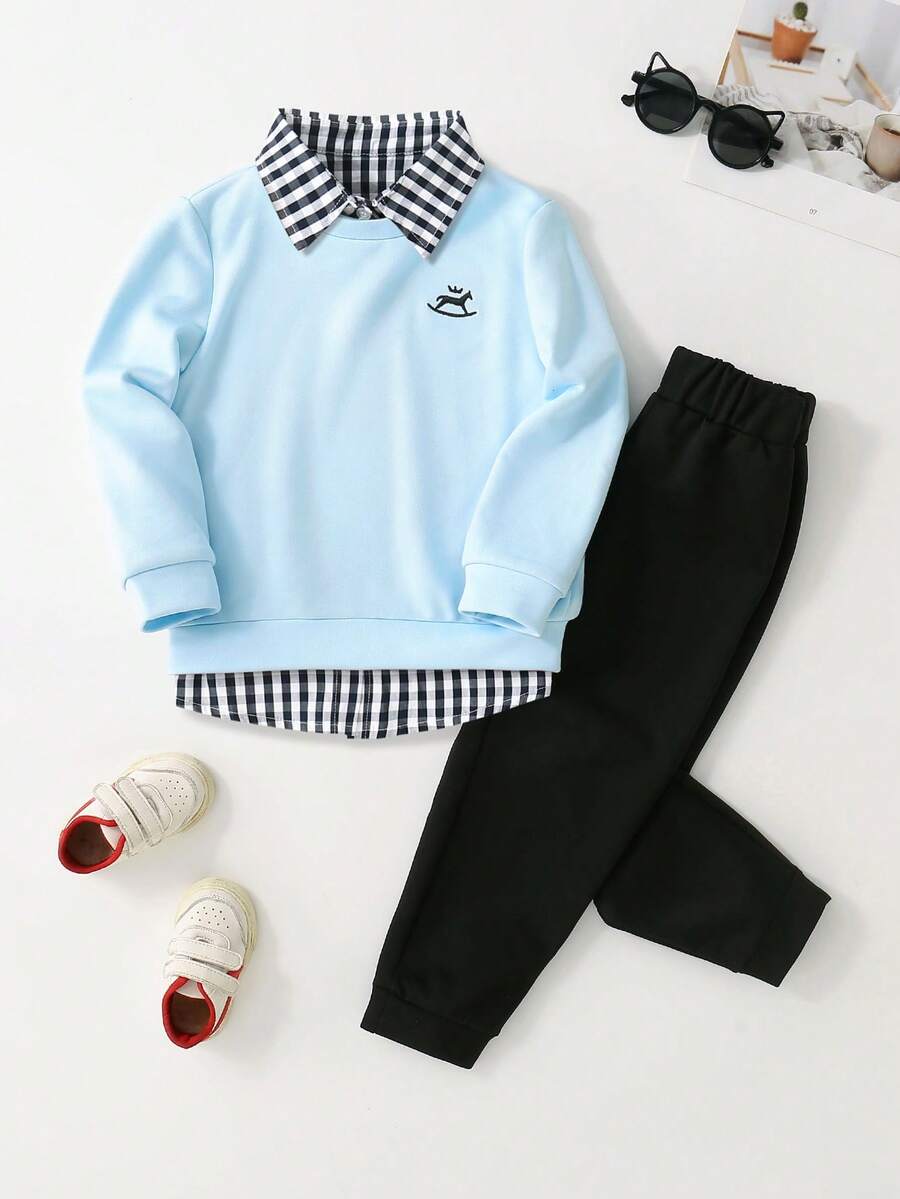 SHEIN 2pcs/Set Young Boy Cute Casual Yellow Embroidered Sweatshirt And Black Pants Comfortable Outfit, Spring - Baby Blue - View 1