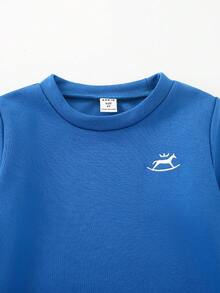 SHEIN 2 件套年轻男孩可爱休闲黄色刺绣运动衫和黑色裤子舒适服装，春季 - 藍色 - 查看 3