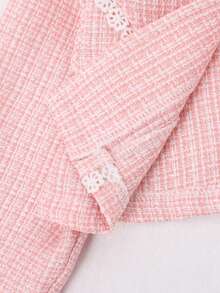 SHEIN Genkimix Kids 2 pièces Ensemble robe sans manches et veste courte en tweed style classique avec dentelle et nœud pour bébé fille. Convient pour les fêtes, Noël, Nouvel An, anniversaire - Rose pâle - Voir 5