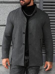 Manfinity Homme 男士休闲立领灰色羊毛大衣，秋冬 - 灰色 - 查看 4