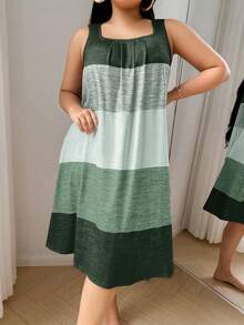 SHEIN Plus Size Colorful Striped Print Casual Nightgown Green Dress Women, Moo Moo Night Dress - Dark Green - View 3