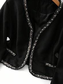 GlowEve CURVE 大码女式两件套：优雅黑色撞色珍珠串珠饰边 V 领长袖开衫夹克和圆领珍珠缀饰长裙，适合秋冬休闲、工作、派对 - 黑色 - 查看 5