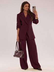 SHEIN BAE Women's Solid Color Lapel NeckDouble-Breasted Long Sleeve Jacket And Pants Casual Commuter Suit Set, Autumn - Rusty Rose - View 1