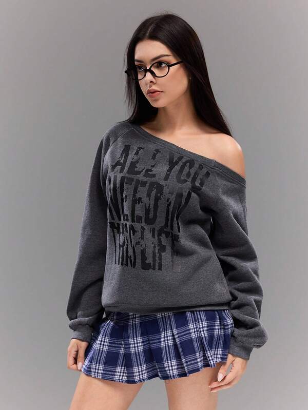 Lässiger Streetstyle Teenager Mädchen dunkelgrauer Off-Shoulder Studenten Alltags-Vielseitigkeits-Dunkelgrauer Hoodie