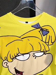 Nick 90s | SHEIN Damen Lässig Süß Cartoon Figur & Buchstabe Grafik Kurzarm T-Shirt, geeignet für den Sommer Pendeln